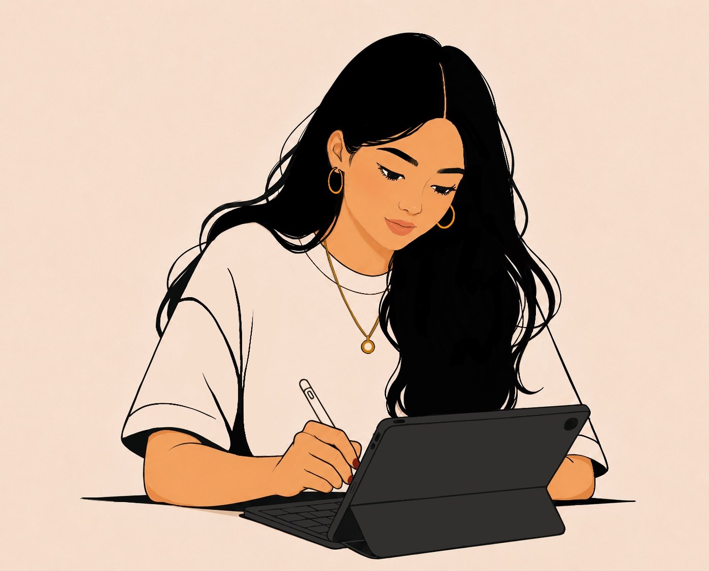 Self-portrait illustration of Vaishnavi drawing on a digital tablet